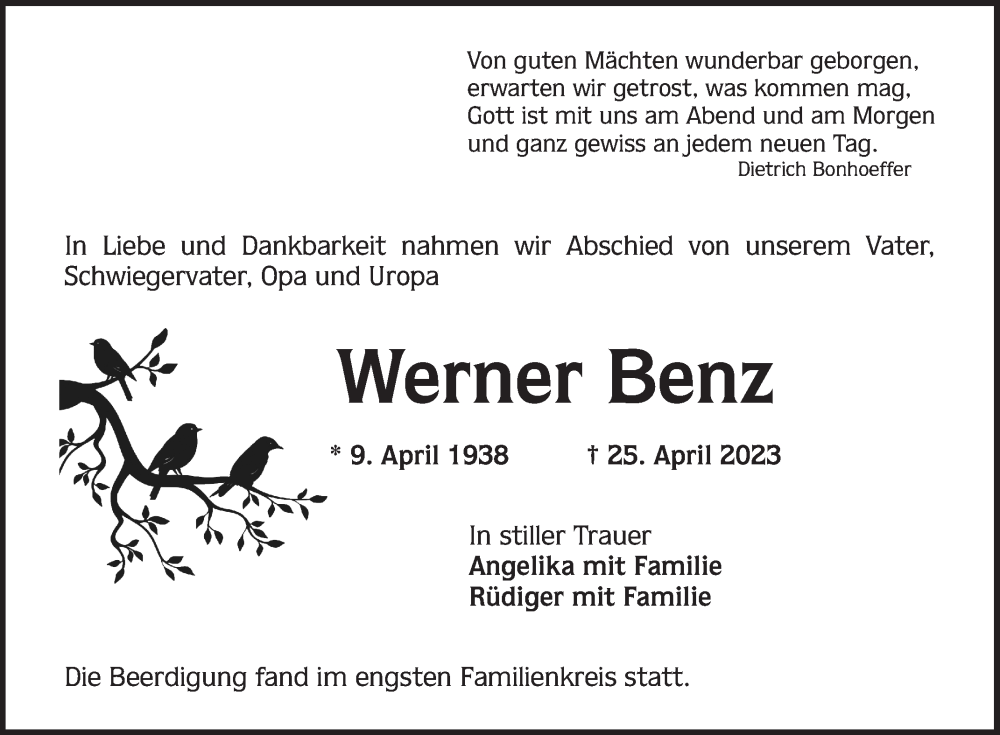  Traueranzeige für Werner Benz vom 29.04.2023 aus Mannheimer Morgen