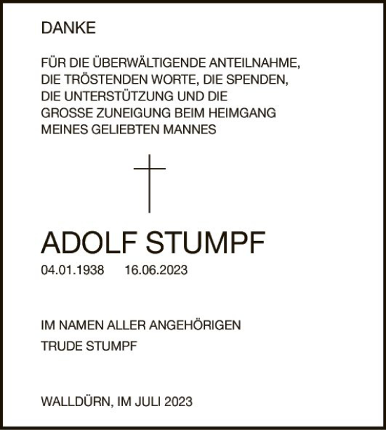 Traueranzeige von Adolf Stumpf von Fränkische Nachrichten