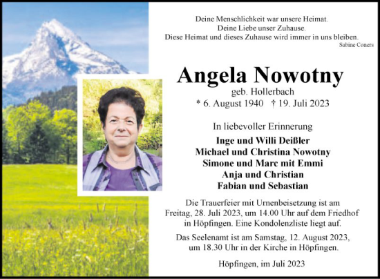 Traueranzeige von Angela Nowotny von Fränkische Nachrichten