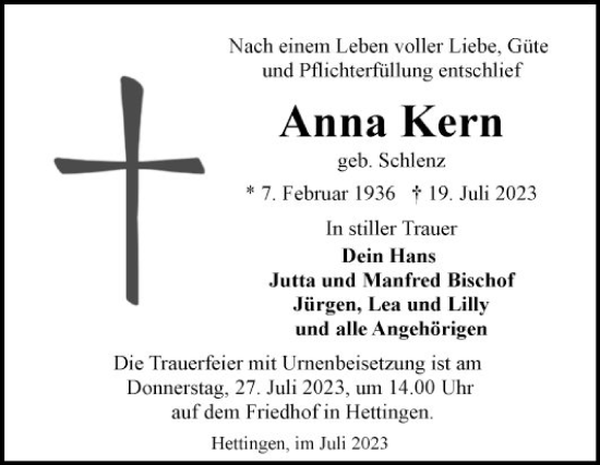 Traueranzeige von Anna Kern von Fränkische Nachrichten