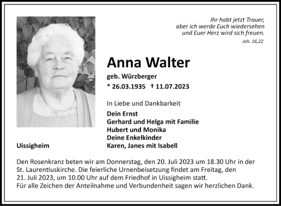 Traueranzeige von Anna Walter von Fränkische Nachrichten