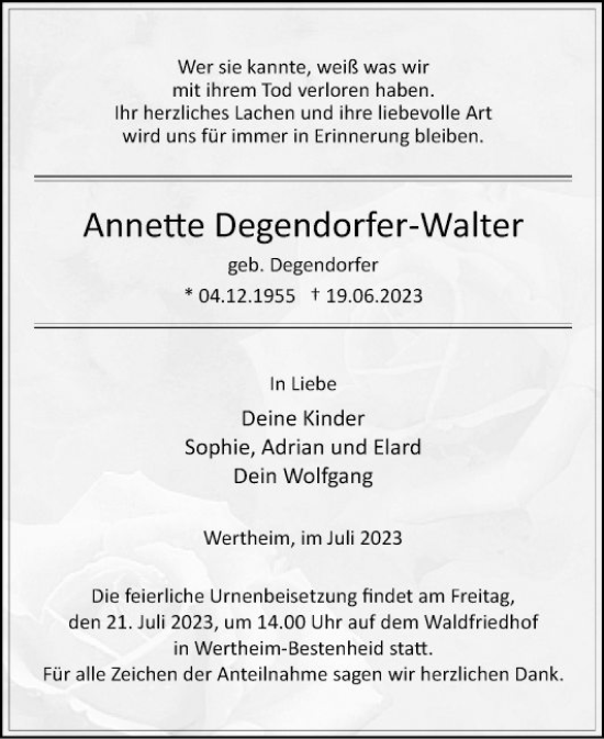 Traueranzeige von Annette Degendorfer-Walter von Fränkische Nachrichten