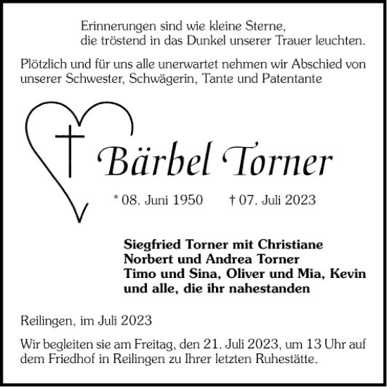 Traueranzeige von Bärbel Torner von Schwetzinger Zeitung