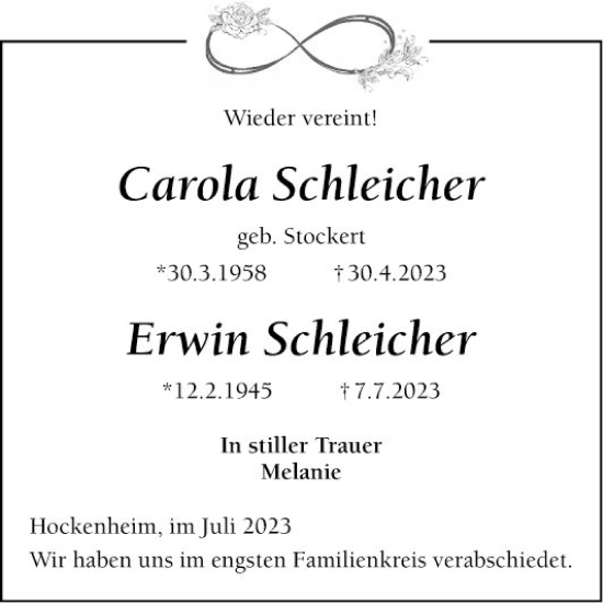 Traueranzeige von Carola Schleicher von Schwetzinger Zeitung