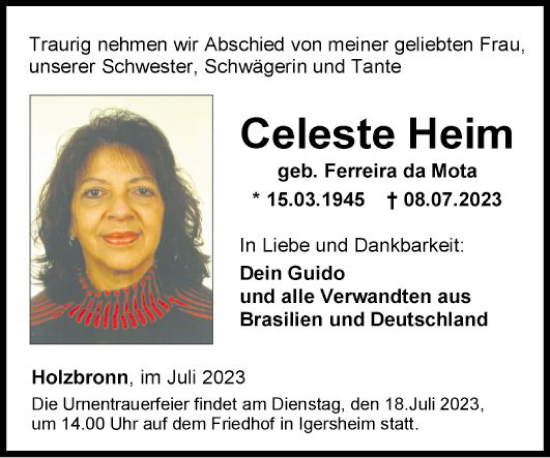 Traueranzeige von Celeste Heim von Fränkische Nachrichten