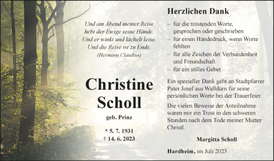 Traueranzeige von Christine Scholl von Fränkische Nachrichten