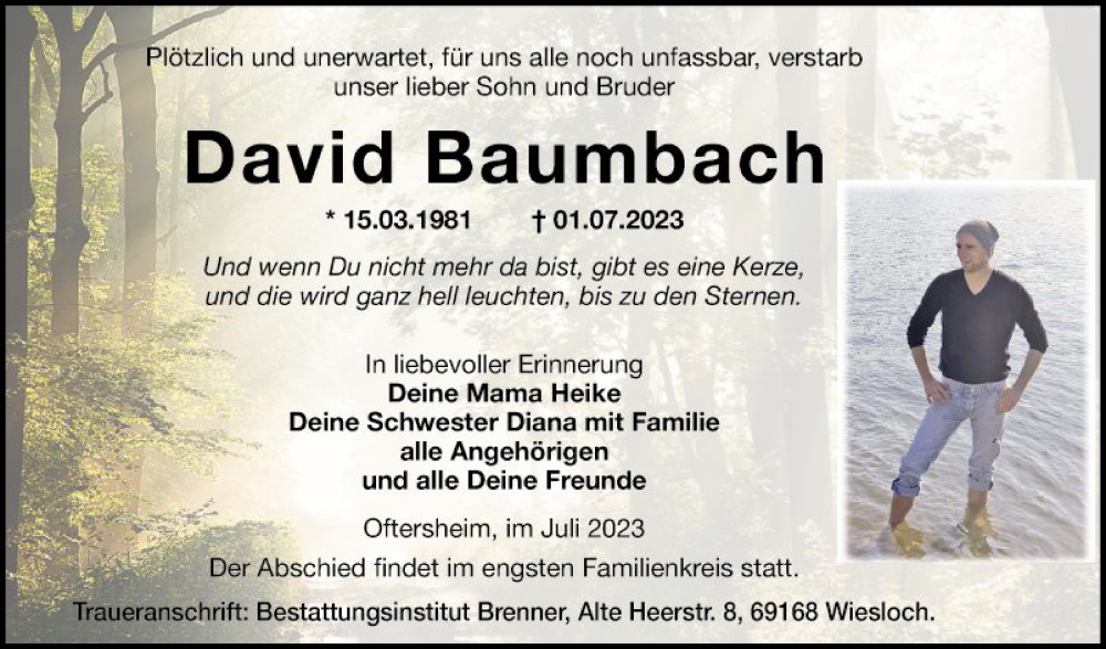  Traueranzeige für David Baumbach vom 15.07.2023 aus Schwetzinger Zeitung
