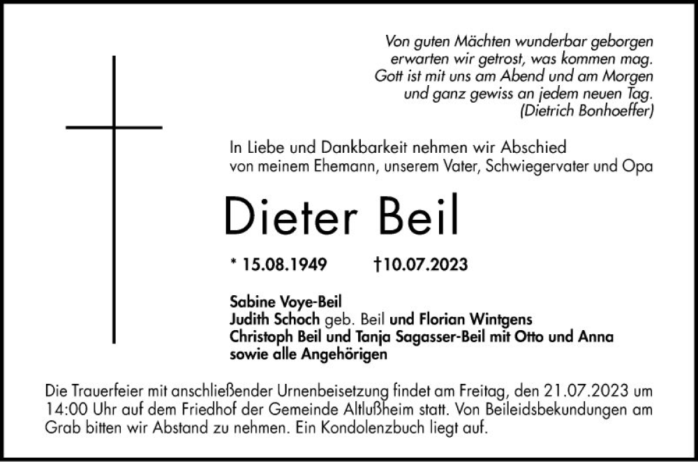  Traueranzeige für Dieter Beil vom 18.07.2023 aus Schwetzinger Zeitung