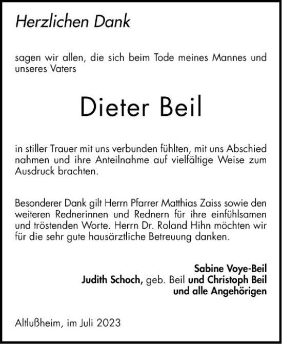 Traueranzeige von Dieter Beil von Schwetzinger Zeitung