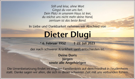 Traueranzeige von Dieter Dlugi von Mannheimer Morgen