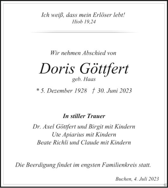 Traueranzeige von Doris Göttfert von Fränkische Nachrichten