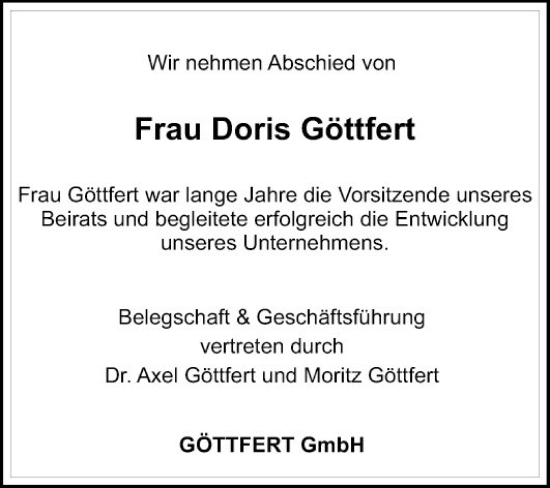 Traueranzeige von Doris Göttfert von Fränkische Nachrichten