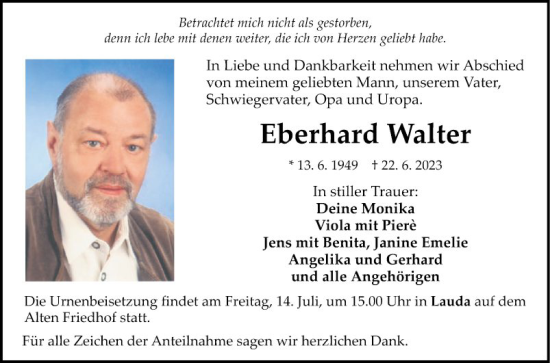 Traueranzeige von Eberhard Walter von Fränkische Nachrichten