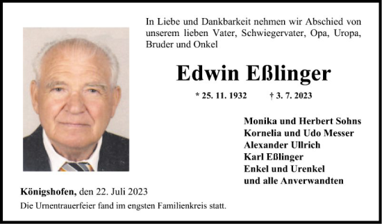 Traueranzeige von Edwin Eßlinger von Fränkische Nachrichten