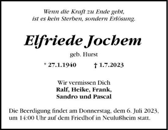 Traueranzeige von Elfriede Jochem von Schwetzinger Zeitung