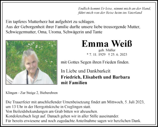 Traueranzeige von Emma Weiß von Fränkische Nachrichten
