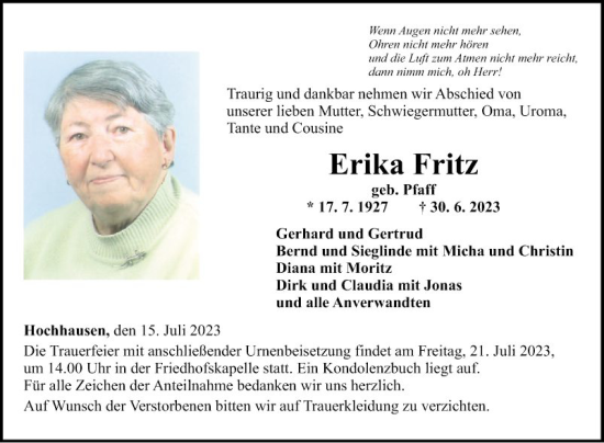 Traueranzeige von Erika Fritz von Fränkische Nachrichten