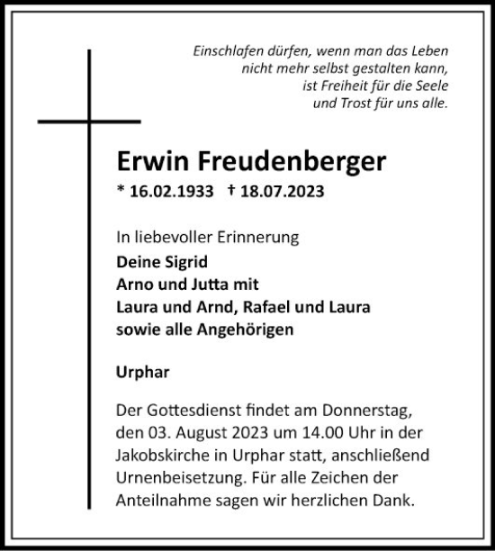 Traueranzeige von Erwin Freudenberger von Fränkische Nachrichten