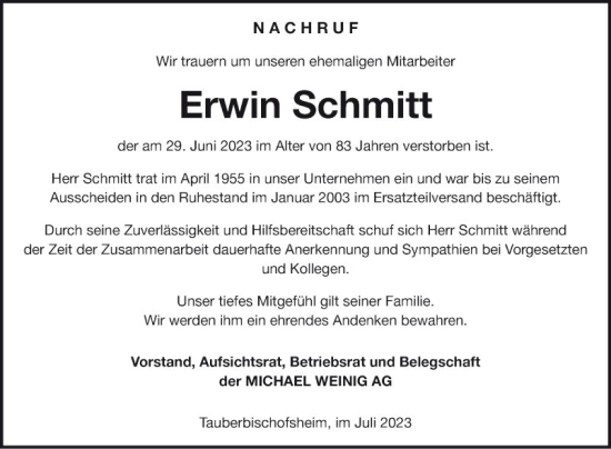 Traueranzeige von Erwin Schmitt von Fränkische Nachrichten