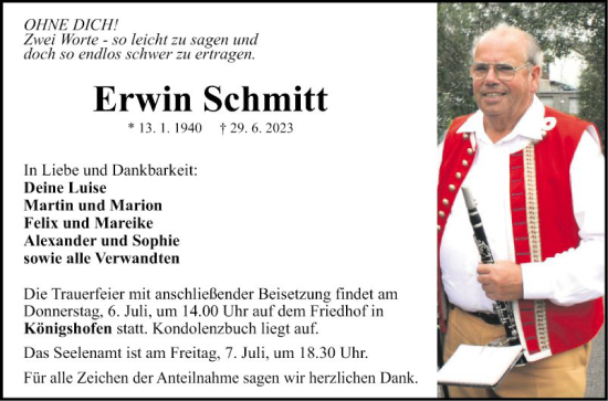 Traueranzeige von Erwin Schmitt von Fränkische Nachrichten