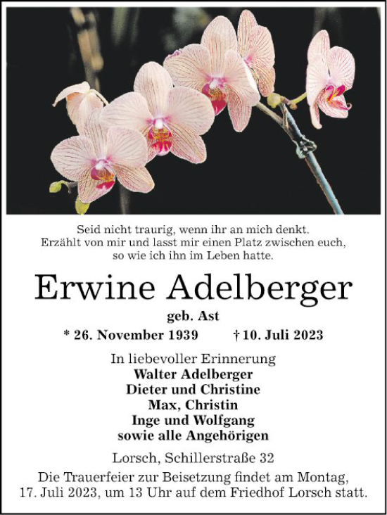 Traueranzeige von Erwine Adelberger von Bergsträßer Anzeiger