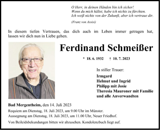 Traueranzeige von Ferdinand Schmeißer von Fränkische Nachrichten