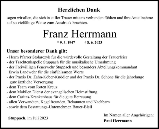 Traueranzeige von Franz Herrmann von Fränkische Nachrichten