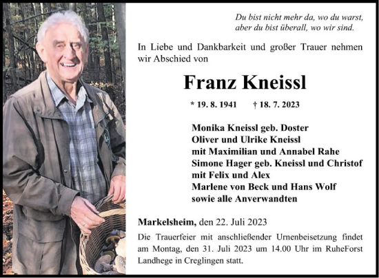 Traueranzeige von Franz Kneissl von Fränkische Nachrichten