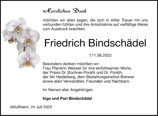 Traueranzeige von Friedrich Bindschädel von Schwetzinger Zeitung