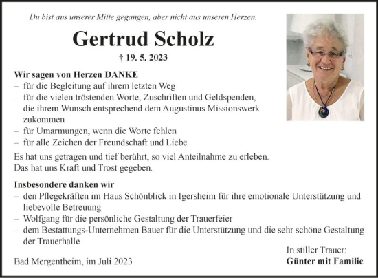 Traueranzeige von Gertrud Scholz von Fränkische Nachrichten