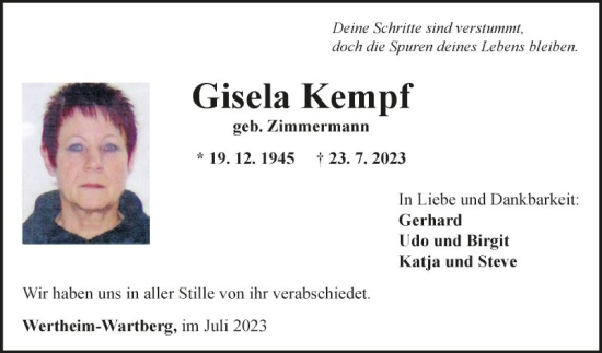 Traueranzeige von Gisela Kempf von Fränkische Nachrichten