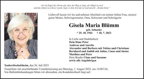 Traueranzeige von Gisela Maria Blümm von Fränkische Nachrichten