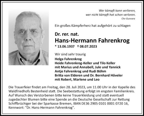 Traueranzeige von Hans-Hermann Fahrenkrog von Fränkische Nachrichten