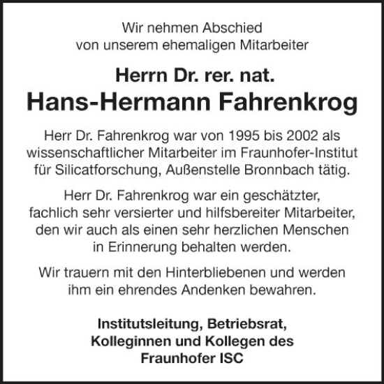 Traueranzeige von Hans-Hermann Fahrenkrog von Fränkische Nachrichten