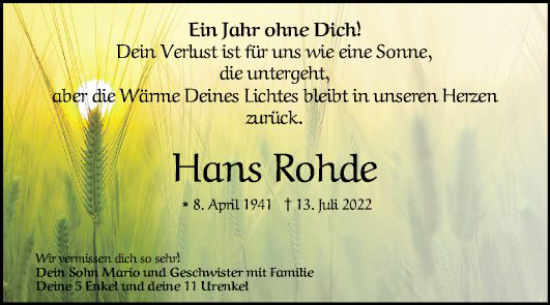 Traueranzeige von Hans Rohde von Fränkische Nachrichten