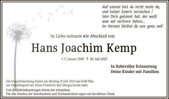 Traueranzeige von Hans Joachim Kemp von Fränkische Nachrichten