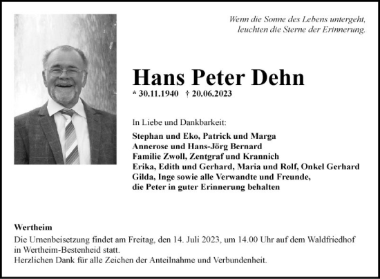 Traueranzeige von Hans Peter Dehn von Fränkische Nachrichten