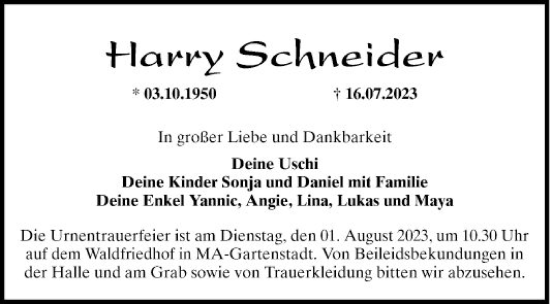 Traueranzeigen von Harry Schneider | Trauerportal Ihrer Tageszeitung