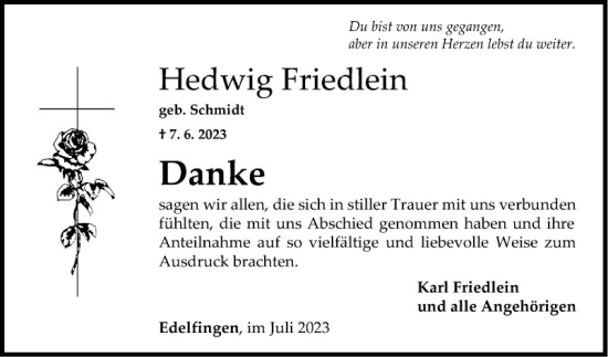 Traueranzeige von Hedwig Friedlein von Fränkische Nachrichten