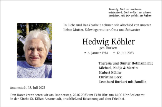 Traueranzeige von Hedwig Köhler von Fränkische Nachrichten