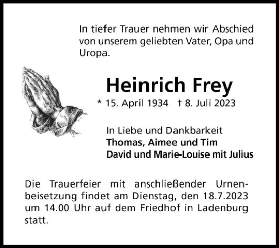 Traueranzeige von Heinrich Frey von Mannheimer Morgen