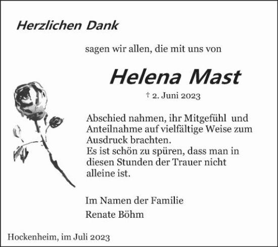 Traueranzeige von Helena Mast von Schwetzinger Zeitung