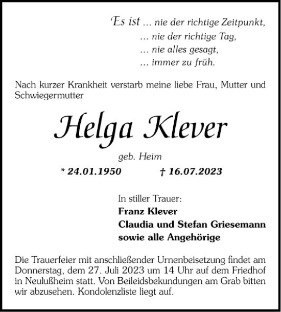 Traueranzeige von Helga Klever von Schwetzinger Zeitung