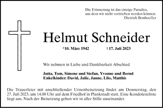 Traueranzeige von Helmut Schneider von Schwetzinger Zeitung