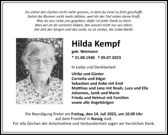 Traueranzeige von Hilda Kempf von Fränkische Nachrichten