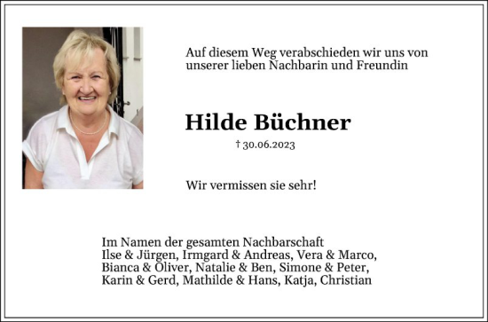 Traueranzeige von Hilde Büchner von Schwetzinger Zeitung