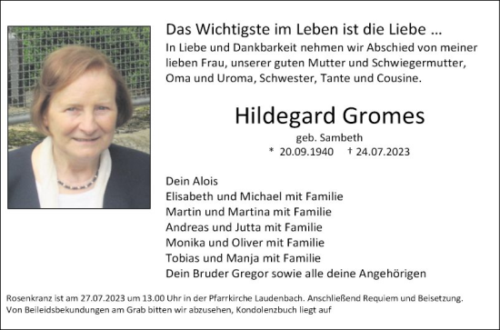 Traueranzeige von Hildegard Gromes von Fränkische Nachrichten