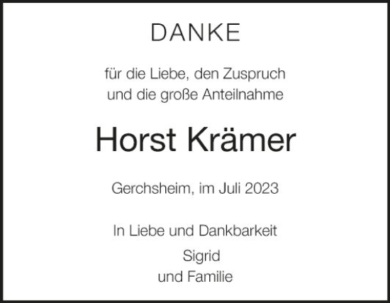 Traueranzeige von Horst Krämer von Fränkische Nachrichten