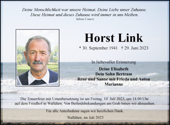 Traueranzeige von Horst Link von Fränkische Nachrichten