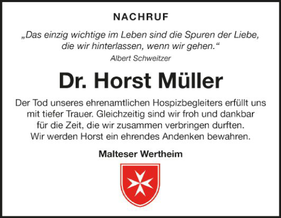 Traueranzeige von Horst Müller von Fränkische Nachrichten